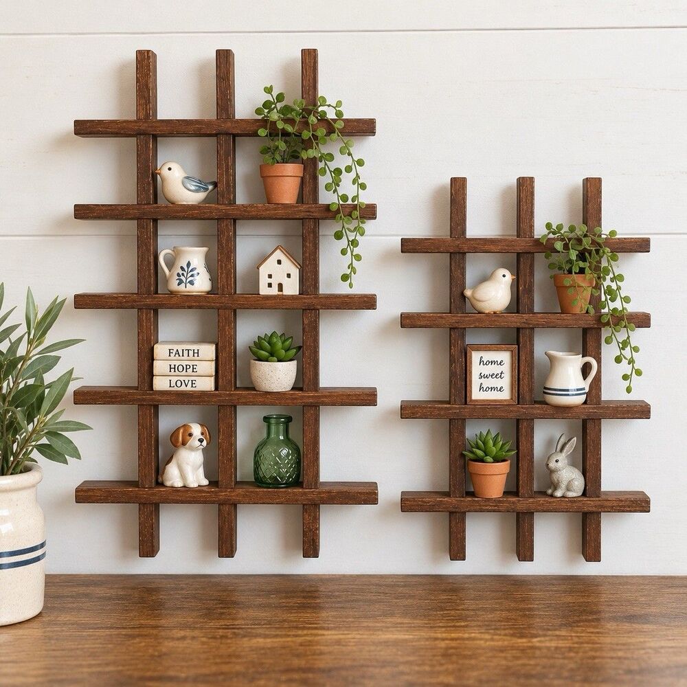 Vintage Wooden Display Shelves Set 2 Trinket Miniature Wall Shelf Rustic Trellis